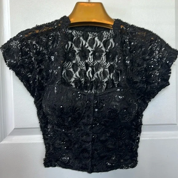 Rare vtg 90s BLACK LACE BUSTIER crop top sequins beads eyelets size 34 Madonna - Picture 2 of 12
